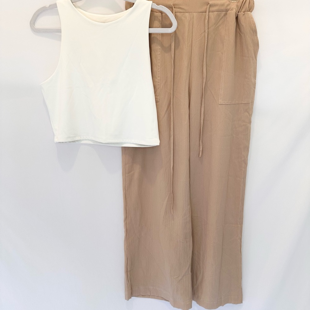 Women's White Crop Top and Tan Gauze Pants